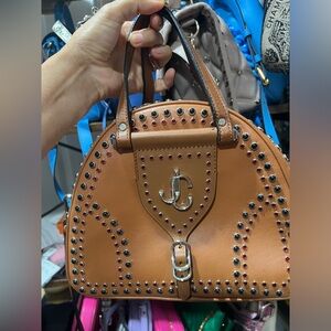 Jimmy Choo Varenne Studded Bowling Crossbody Bag in Came